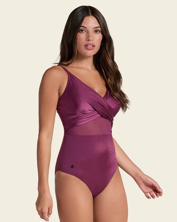 One Piece Swimsuit with Criss Cross Neckline and Tulle
