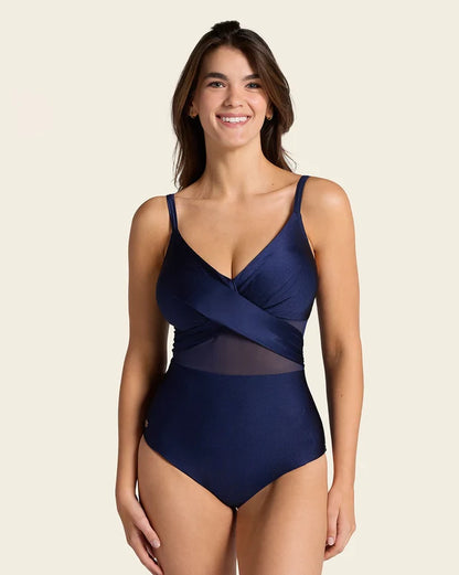One Piece Swimsuit with Criss Cross Neckline and Tulle